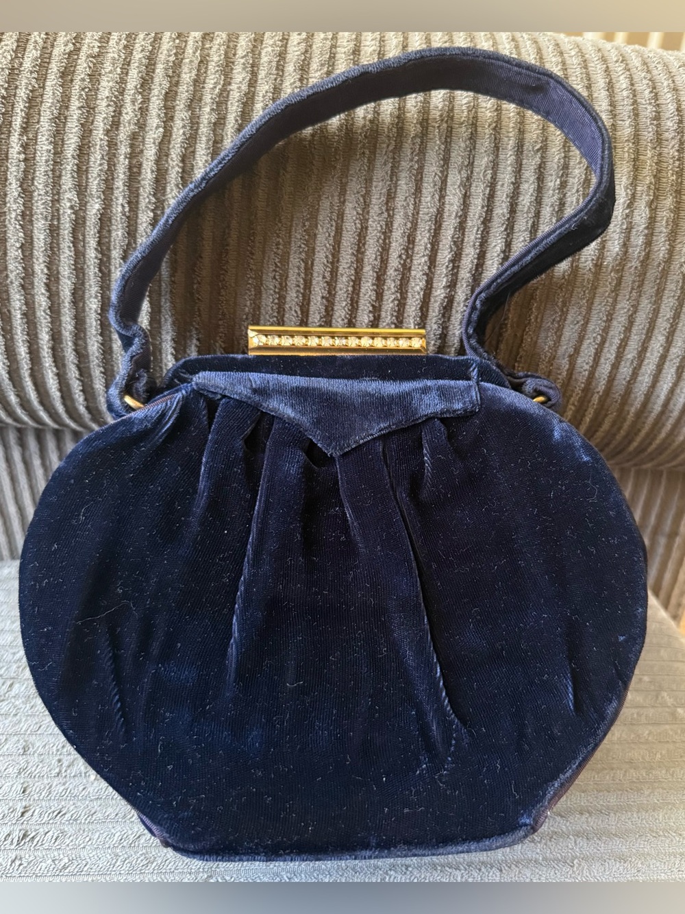 Vintage Navy Velvet Evening Clutch with Gold Bar Clear Rhinestone